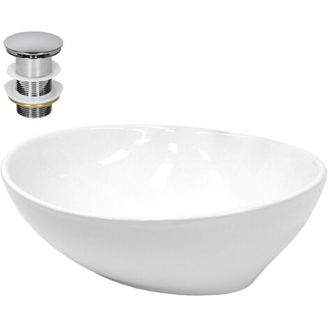 ECD Germany Vasque à Poser Lavabo - Ovale - 410 x 330 x 140 mm - en Céramique - Blanc - avec Kit de Vidange sans Trop-Plein - Évier Lave-Mains Salle de Bain - Connexion Standard - Design Classique