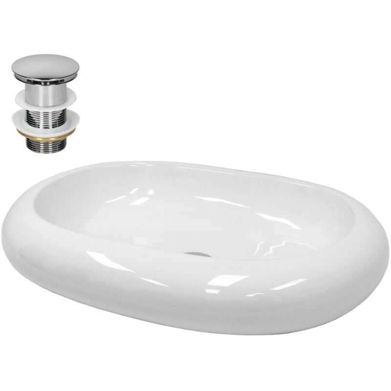 Ecd Germany - Vasque à Poser Lavabo Salle de Bain - ø 350 x 120 mm - en Céramique - Rond - Blanc - avec Kit de Vidange sans Trop-Plein - Lave-Mains