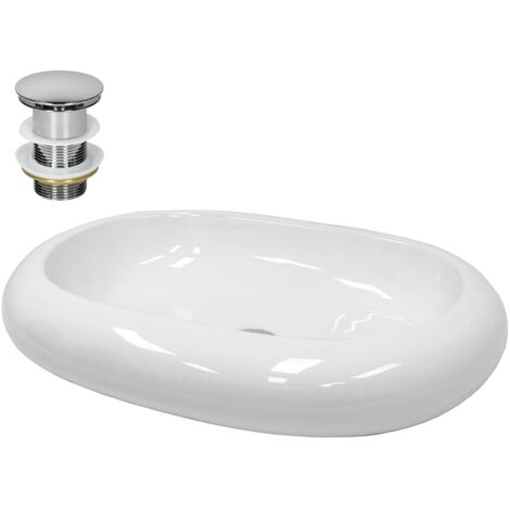ECD Germany Vasque à Poser Lavabo Salle de Bain - 350 x 350 x 120 mm - en Céramique - Rond - Blanc - avec Kit de Vidange sans Trop-Plein - Lave-Mains Évier Toilette Douche - Lavabo à Poser sur Meuble