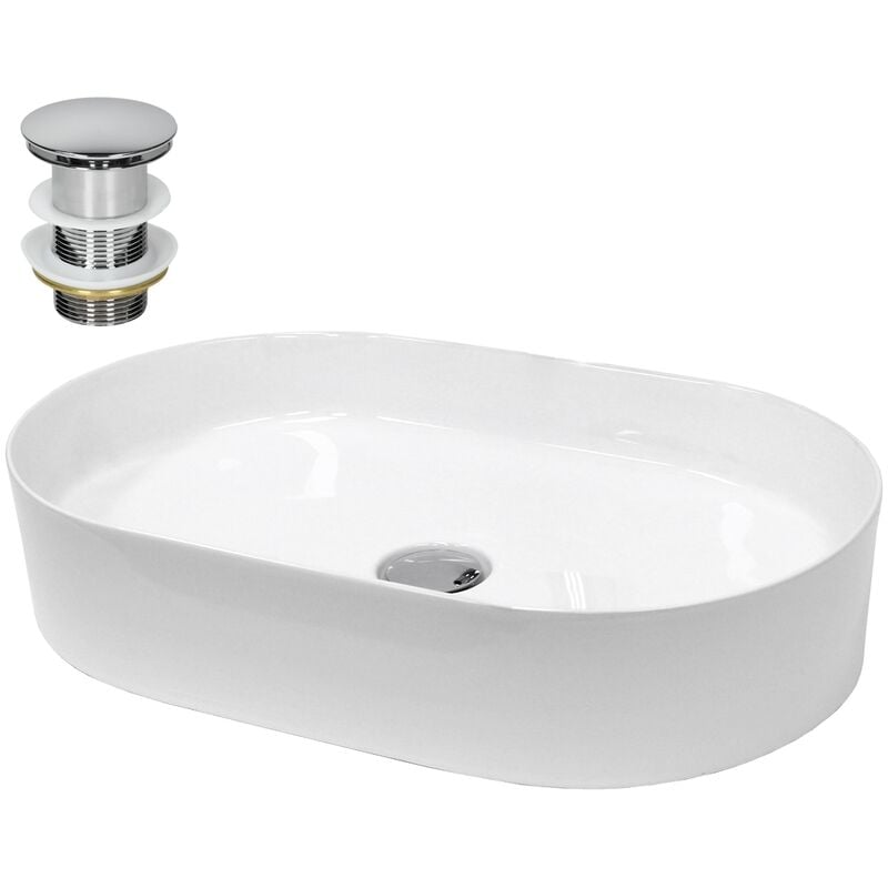 Ecd Germany Vasque à Poser Lavabo Salle de Bain - 605 x 380 x 125 mm - en Céramique - Ovale - Blanc - avec Kit de Vidange sans Top-plein - Push open