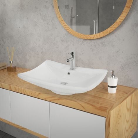 ECD Germany Vasque à Poser Lavabo Salle de Bain - Trapézoïdal - 605 x 460 x 165 mm - en Céramique - Blanc - Lave Main Évier Bassin Toilette - avec Trop-Plein et Trou de Robinet - Design moderne