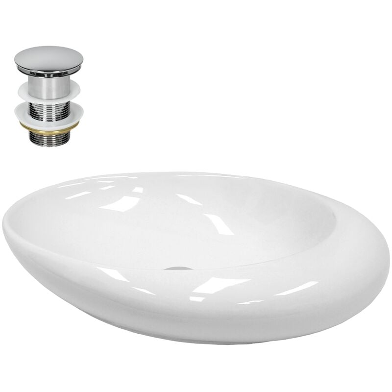 Ecd Germany - Vasque à Poser Lavabo Salle de Bain - ø 585 x 375 mm - en Céramique - Ovale - Blanc - avec Kit de Vidange sans Trop-Plein - Lavabo à