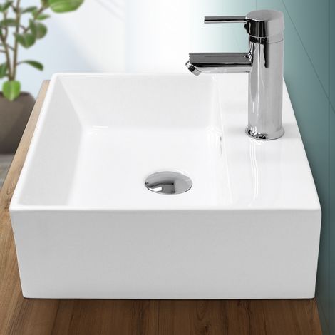 ECD Germany Waschbecken Eckigform, 41,5x36x13 cm, Weiß, aus Keramik, Aufsatzwaschbecken mit Überlauf, Handwaschbecken Aufsatzwaschtisch Spülbecken Waschschale für Badezimmer