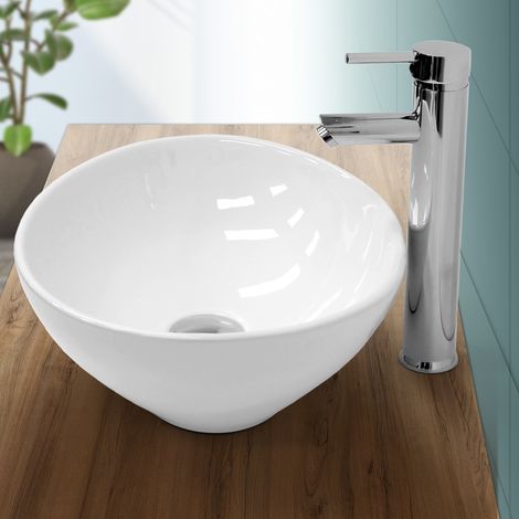 Waschbecken KERAMIK Handwaschbecken Keramikwaschbecken oval Aufsatz 46x33 weiß 