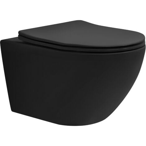 ECD Germany WC Suspendu Long 52 cm, sans Rebord, Noir Mat, en Céramique, Abattant Amovible en Plastique Softclose et Abaissement Automatique, Chasse d'eau Profonde, Design Moderne, pour Salle de Bain