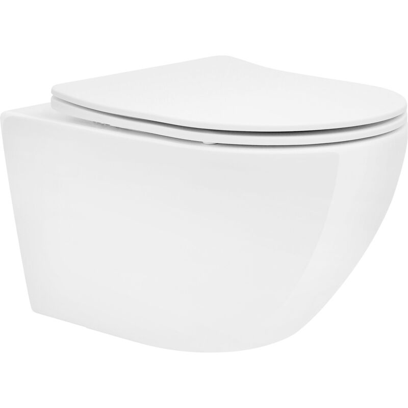 ECD Germany WC Suspendu sans Rebord en Céramique Blanc, Revêtement Nano, Toilette Murale Suspendue Long 52cm, avec Siège Amovible en Plastique
