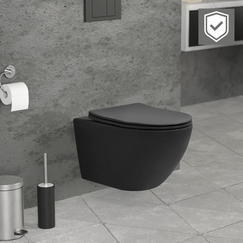 Ml-design - ecd Germany wc Suspendu sans Rebord en Céramique Noir Mat, Revêtement Nano, Toilette Murale Suspendue Long 52 cm, avec Siège Amovible en