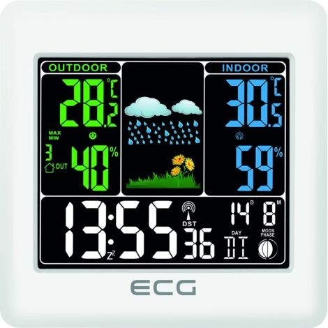 ECG MS 300 - Stazione meteo multifunzione con sensore esterno radio, previsioni meteo per 1 giorno, termometro, igrometro, per interni ed esterni (display a colori), colore: Bianco S