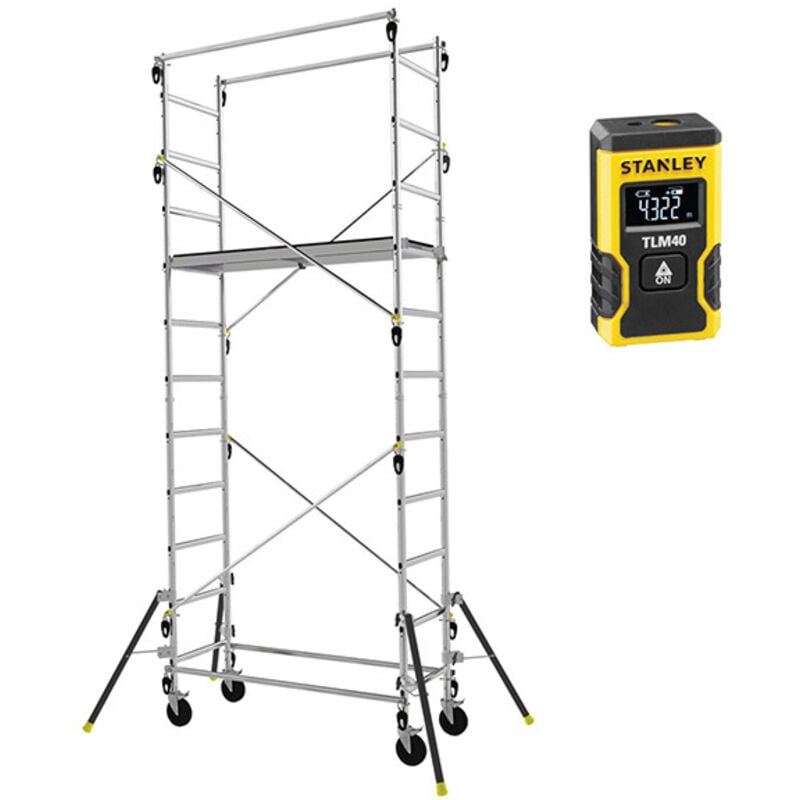 Echafaudage roulant alu - Spécial Passage Etroit - Hauteur de travail max 4.7m + Escabeau 3 marches - 347703-Q50/3