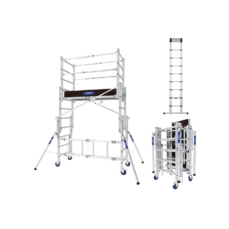 Echafaudage roulant pliant - Hauteur max. de travail 3.80m + Echelle télescopique 3.80m - 22407420/TEL-20138