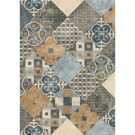 Sol PVC Sous Couche Textile - Carreaux Art Déco - Terre de Sienne et Bleu Gris