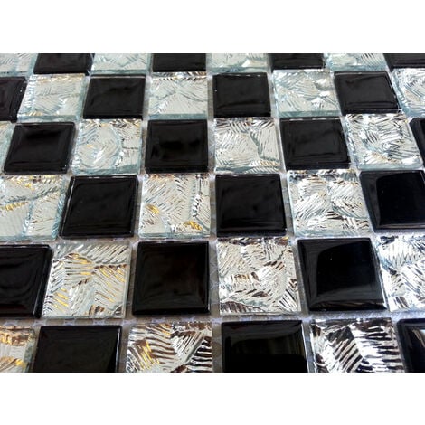 30cm x 30cm Carrelage mosaïque en verre. Chrome Argent et Noir (MT0007) 30cm x 30cm feuille
