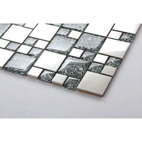 Carreaux de mosaïque en verre et acier inoxydable. Gris, Argent. (MT0132)