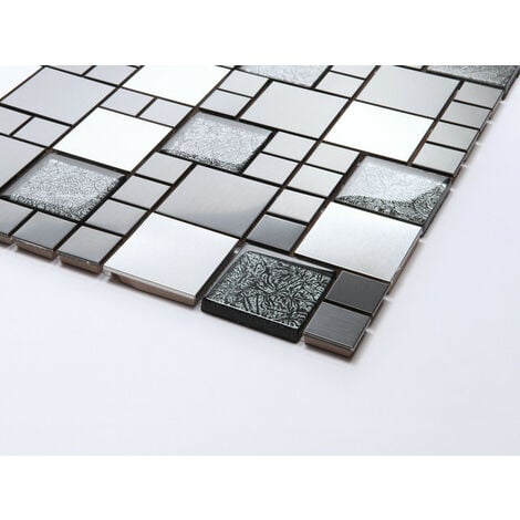 Carreaux de mosaïque en verre et acier inoxydable. Noir, Argent (MT0002)