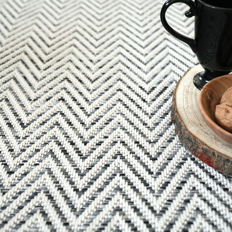 Tapis intérieur / extérieur tissé plat - Java Chevron blanc - Ganse noire