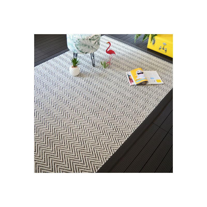 Décoweb - Tapis intérieur / extérieur tissé plat - Java Chevron blanc - Ganse noire - 80 x 150 cm