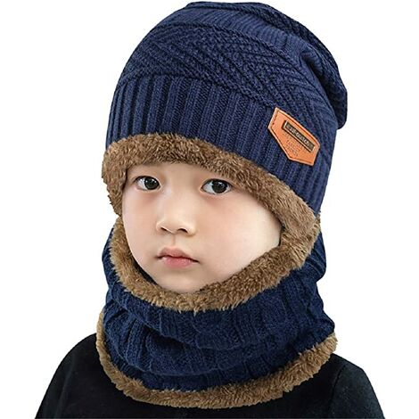 Echarpe et Bonnet Enfants Unisexe Tricoté Beanie Hiver Chaud Doublure en Polaire Epais Echarpe Chapeaux
