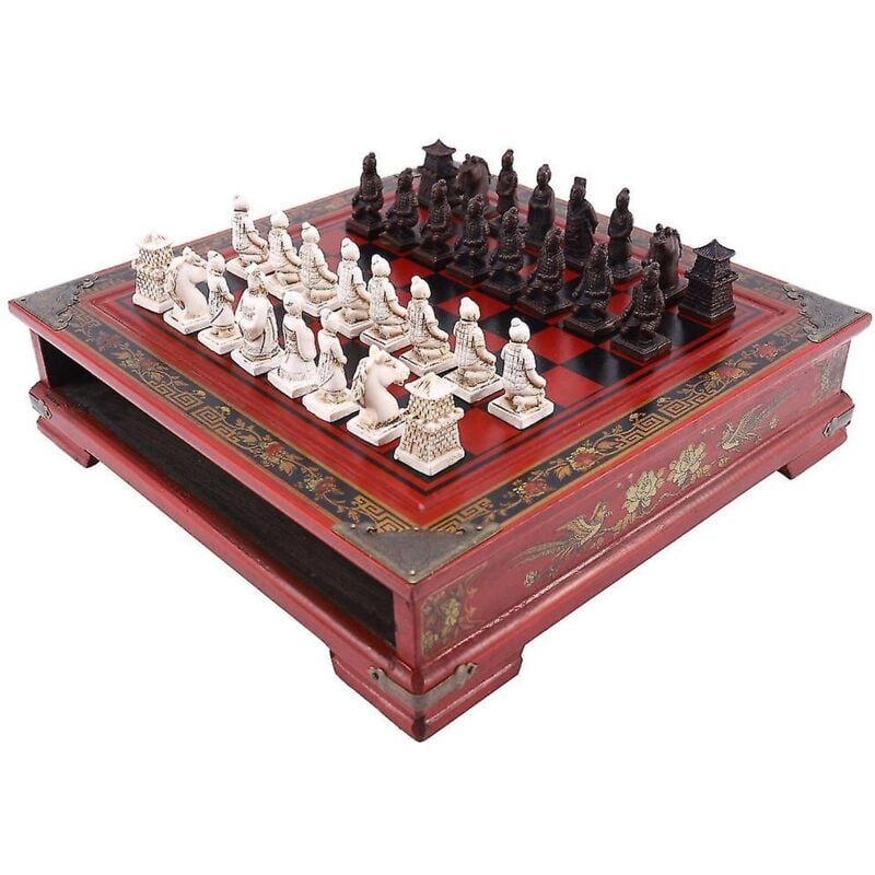 Échecs en bois chinois rétro en terre cuite Échecs en bois Faire vieux Sculpture Résine Échecs Noël Anniversaire Pré
