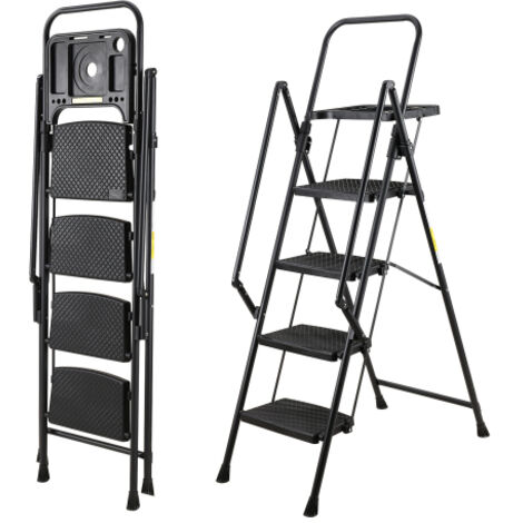 Échelle 4 Marches en Acier Robuste, Escabeau Pliable Portable avec Large Marchepieds Antidérapants et Poignée, Charge Maximale 150 kg, Sécurisé pour Utilisation Domestique, Noir
