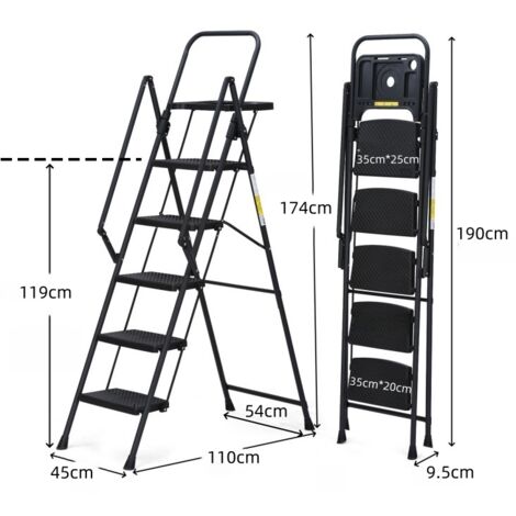 Échelle 5 marches pliante acier,plateau à outils et pédales antidérapantes. Structure solide et portable pour la maison.