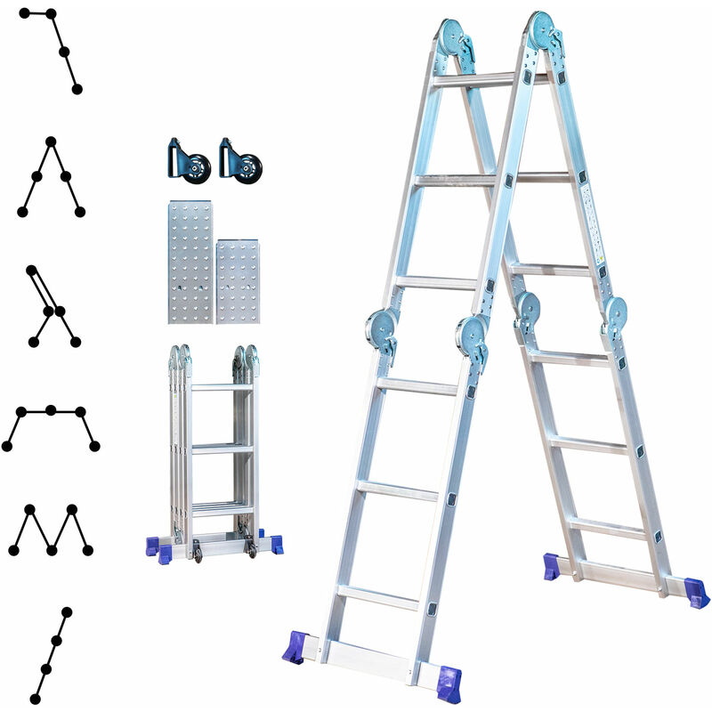 Hoström - Echelle pliante articulée stavalance 4x3 marches, echafaudage multifonction, ecarteur de mur, escabeau, 2 plaques plateforme de travail,
