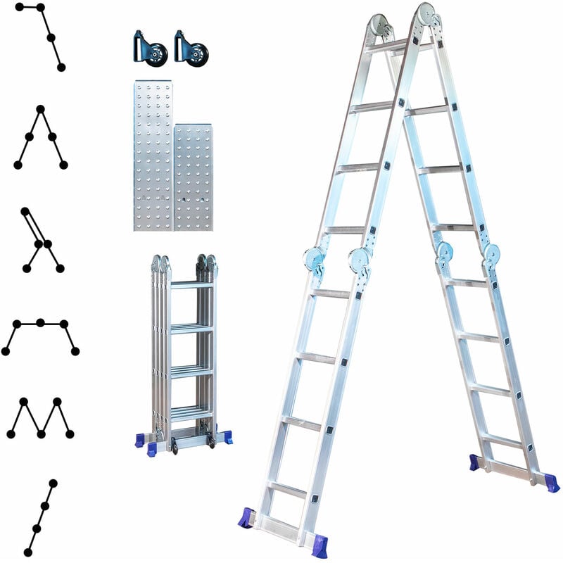 Hoström - Echelle pliante articulée stavalance 4x4 marches, echafaudage multifonction, ecarteur de mur, escabeau, 2 plaques plateforme de travail,