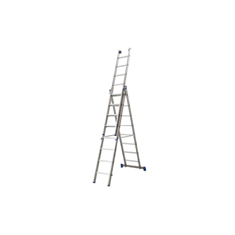 Echelle bleue professionnelle a' trois plans en aluminium 13+13+13 marches hauteur min/max 390/865 cm avec base stabilisatrice