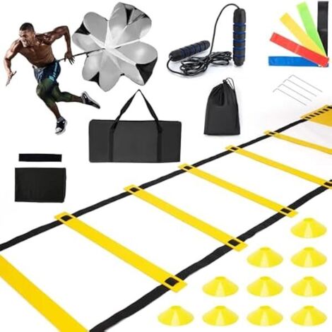 Echelle D'Agilité - 6 M 12 Barreaux - Pour Entraînement Football Basket Baseball - Lot Complet avec Cônes Disques 10 Pièces Parachute de Résistance Corde à Sauter Bandes de Résistance 4 Pièces