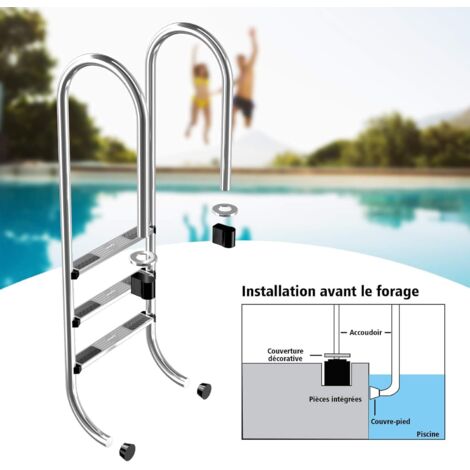 Échelle de piscine 3 marches en acier , avec marches antidérapantes et main courante jusqu’à 200kg