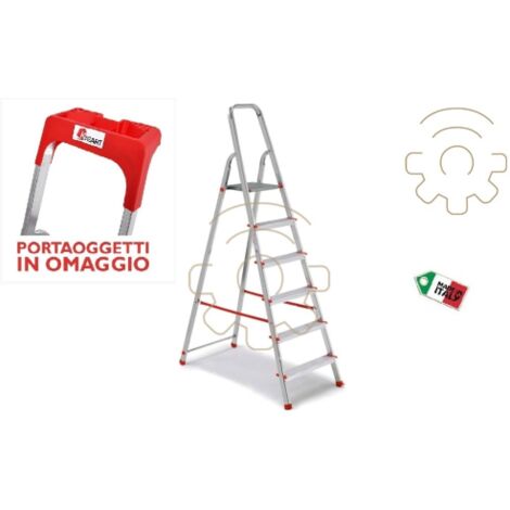 E'chelle d'e'chelle Kasart a' usage domestique avec 4 marches en aluminium capacite' 150 kg avec e'tage're fabrique'e en Italie certifie'e EN 131 Alluminio/Rosso 4 gradini