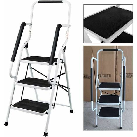 Échelle Domestique à 3 Marche, Pliable, Larges Marches et Antidérapant Tapis en Caoutchouc, Echelle Pliante avec Détachable Main Courante Escabeau Pliable en Acier, Charge 150 kg