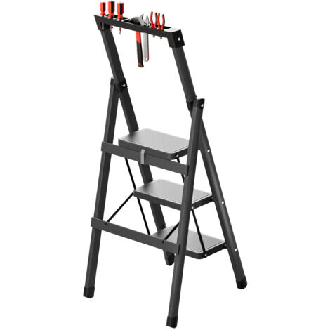 Échelle - échelle pliante en trois marches, avec porte-outils et pieds antidérapants, capacité de charge 150 kg, bande de roulement élargie 17 × 27 cm,  noire