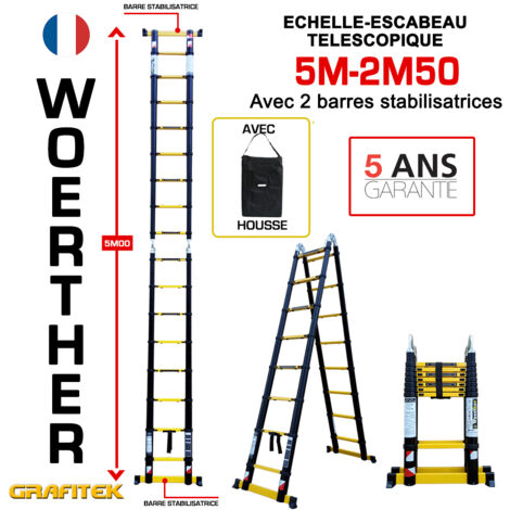 Echelle-escbeau télescopique 5m/2m50 Woerther avec barre stabilisatrice - Charge maximal 150Kg - Garantie 5 ans
