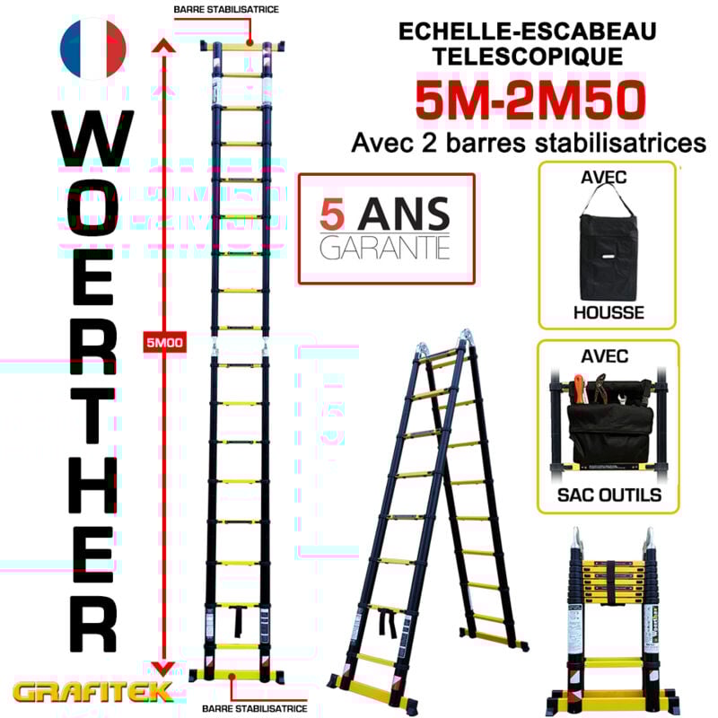 Echelle-escbeau télescopique 5m/2m50 Woerther avec barre stabilisatrice - Avec housse et sac porte outils - Charge maximal 150Kg - Garantie 5 ans