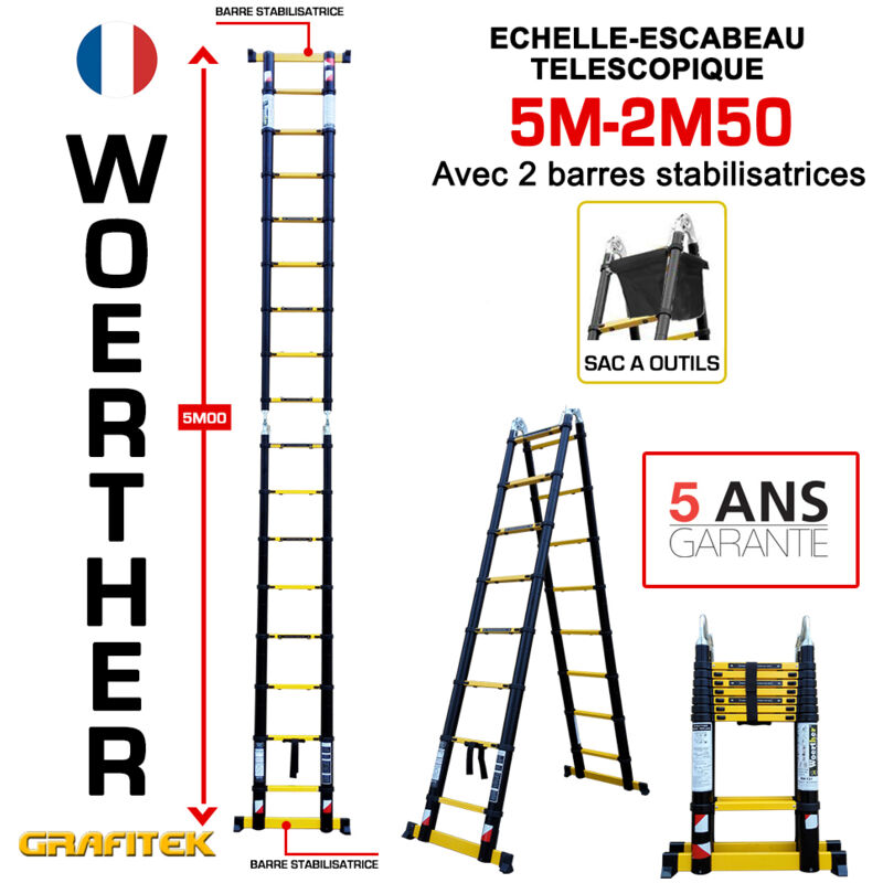 Echelle-escbeau télescopique 5m/2m50 Woerther avec barre stabilisatrice - Avec sac porte ouils - Charge maximal 150Kg - Garantie 5 ans