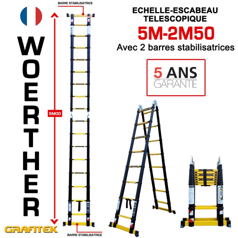 Echelle-escbeau télescopique 5m/2m50 Woerther avec barre stabilisatrice - Charge maximal 150Kg - Garantie 5 ans