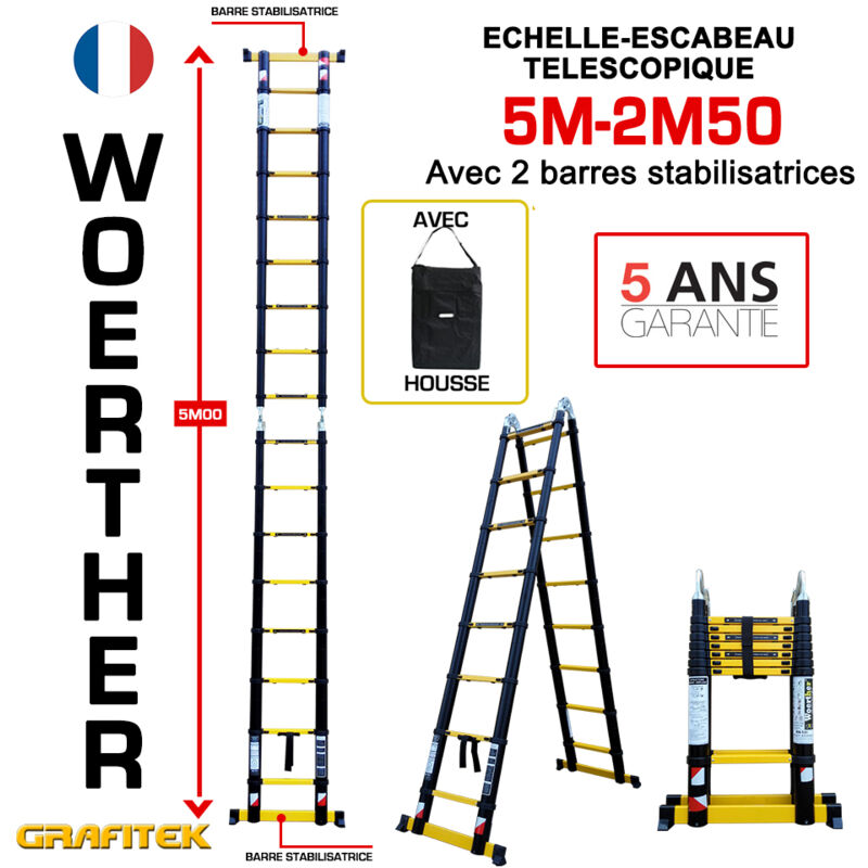 Echelle-escbeau télescopique 5m/2m50 Woerther avec barre stabilisatrice - Charge maximal 150Kg - Garantie 5 ans