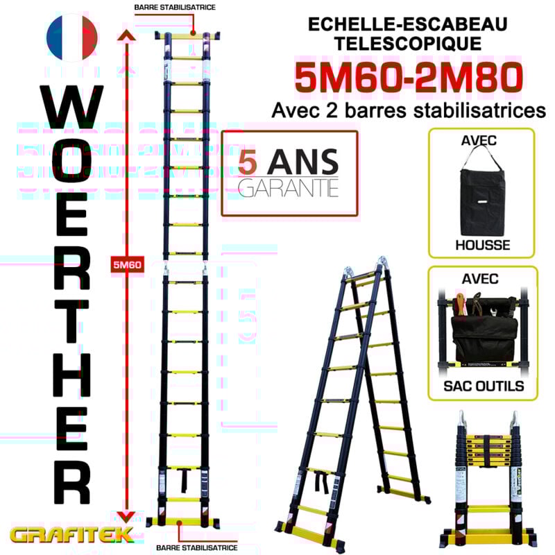 Woerther - Echelle-escbeau télescopique 5m60/2m80 avec barre stabilisatrice - Avec housse et sac porte outils - Charge maximal 150Kg - Garantie 5 ans