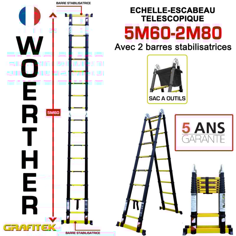 Echelle-escbeau télescopique 5m60/2m80 Woerther avec barre stabilisatrice - Avec sac porte ouils - Charge maximal 150Kg - Garantie 5 ans