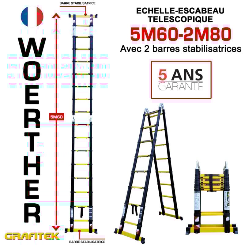 Echelle-escbeau télescopique 5m60/2m80 Woerther avec barre stabilisatrice - Charge maximal 150Kg - Garantie 5 ans