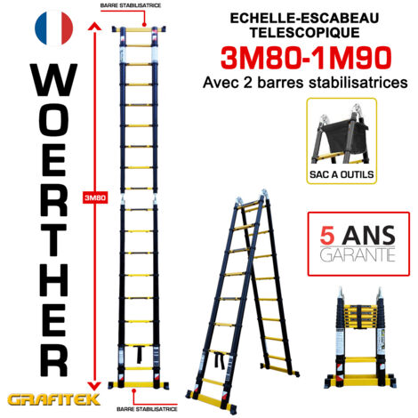 Echelle-escbeau télescopique3m80/1m90 Woerther avec barre stabilisatrice - Avec sac porte outils - Charge maximal 150Kg - Garantie 5 ans