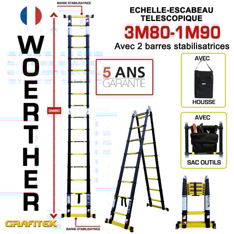 Echelle-escbeau télescopique3m80/1m90 Woerther avec barre stabilisatrice - Avec housse et sac porte outils - Charge maximal 150Kg - Garantie 5 ans