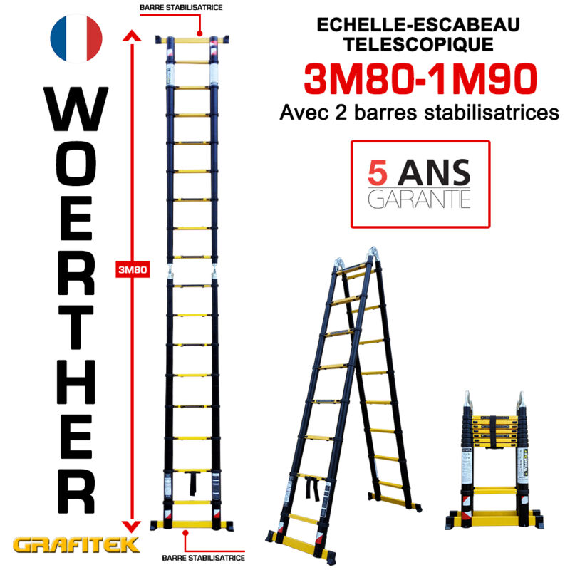 Echelle-escbeau télescopique3m80/1m90 Woerther avec barre stabilisatrice - Charge maximal 150Kg - Garantie 5 ans