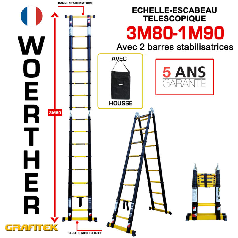 Echelle-escbeau télescopique3m80/1m90 Woerther avec barre stabilisatrice - Charge maximal 150Kg - Garantie 5 ans