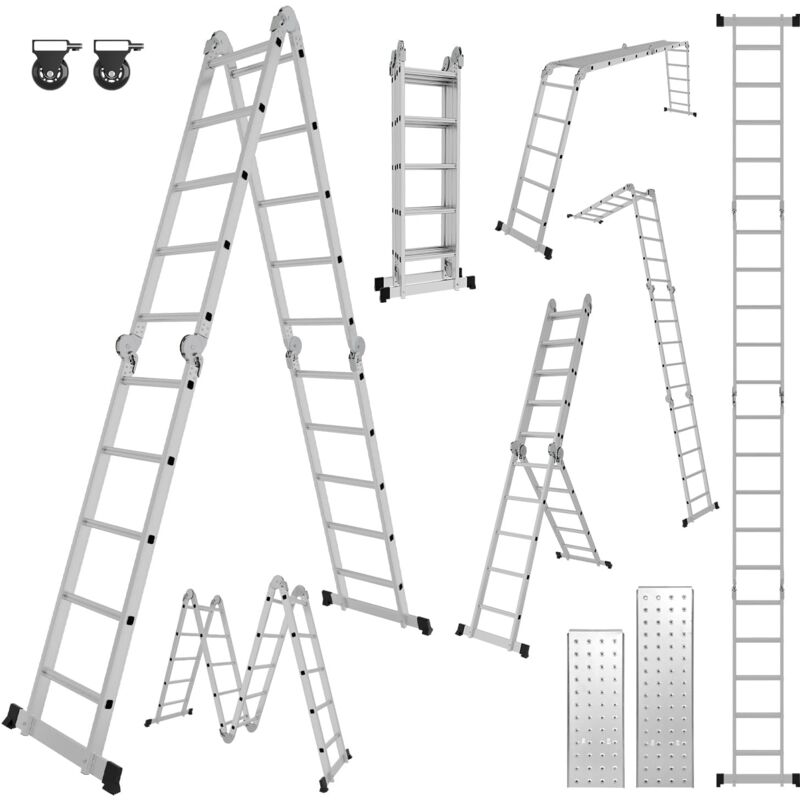 Échelle multifonctionnelle 4 x 5 marches - Échelle multifonction 7 en 1 - Avec plateforme et roulettes - En aluminium - 5,82 m - 20 échelons