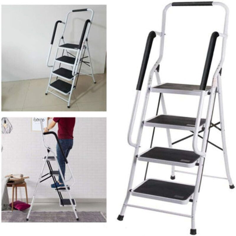 Échelle pliante à quatre étages avec mains courantes et tapis antidérapants, facile à ranger, adaptée à la maison, à la cuisine, au bureau, au