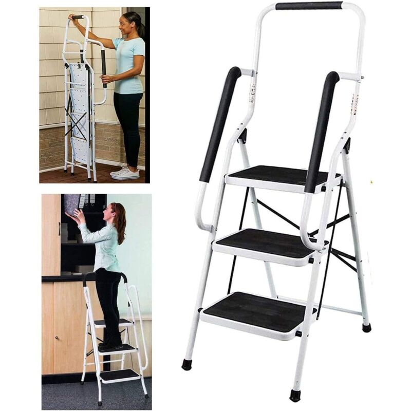 Échelle pliante à trois étages avec accoudoirs, tabouret pliant en acier, avec tige de fixation et pédale en caoutchouc, facile à ranger, charge