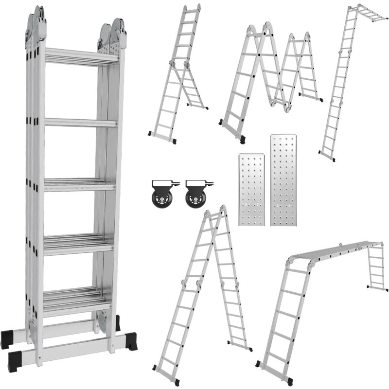 Swanew - Echelle pliante articulée 4x5 marches, echafaudage multifonction, ecarteur de mur, escabeau, 2 plaques plateforme de travail