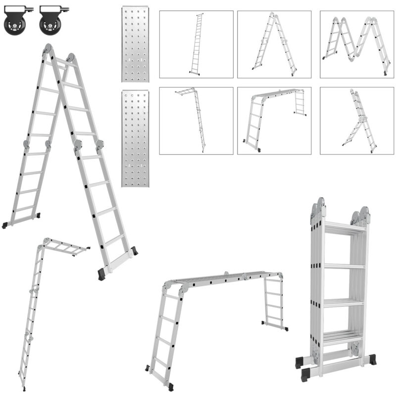 Echelle pliante articulée 4.7m, echafaudage multifonction, ecarteur de mur, escabeau, 2 plaques plateforme de travail - Swanew