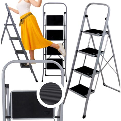 Échelle pliante en métal pour usage domestique, 4 marches, plateforme, grise, 150 kg